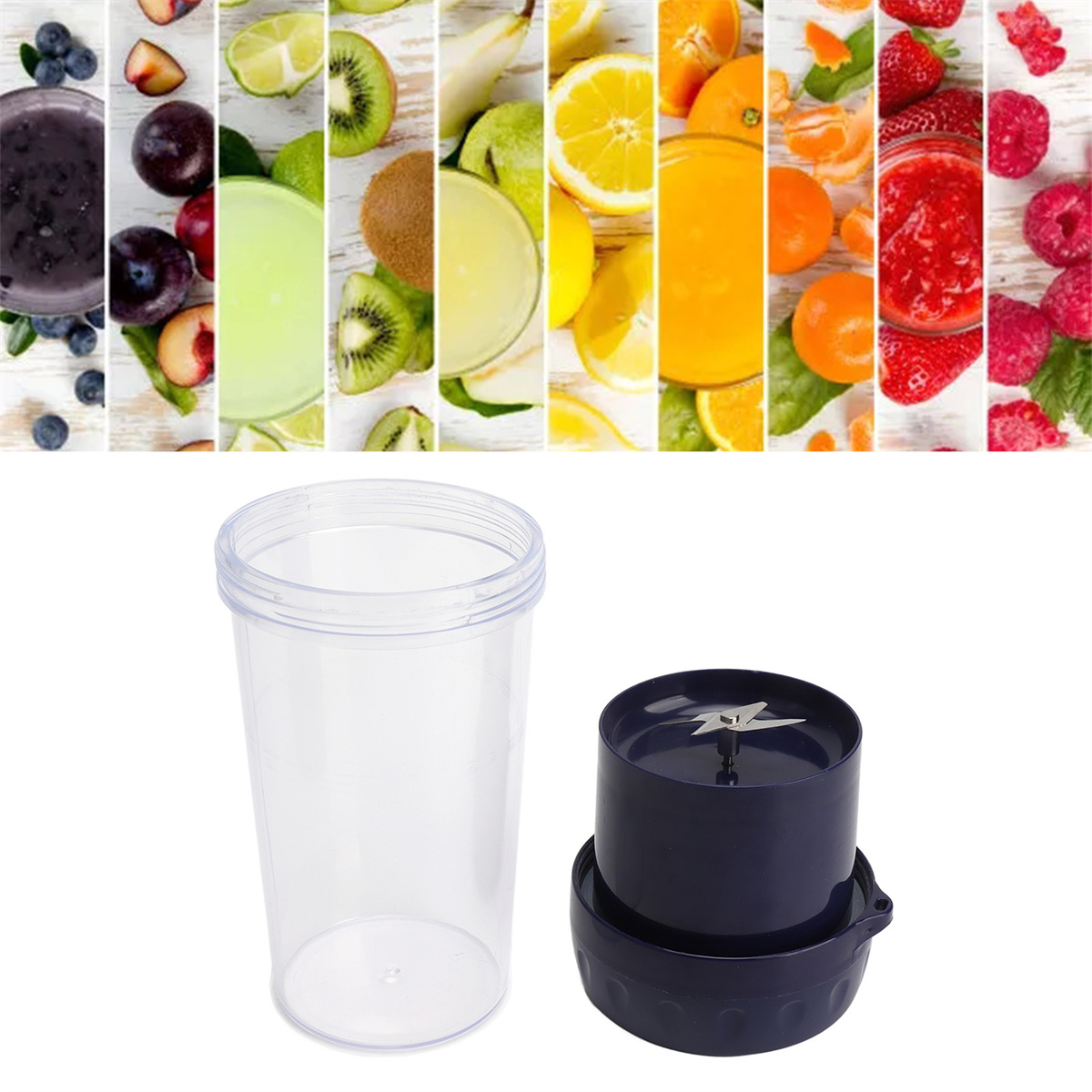 Ein Mixer mit einem transparenten Becher und einem Behälter mit den Klingen. Es gibt einen farbenfrohen Fruchthintergrund.