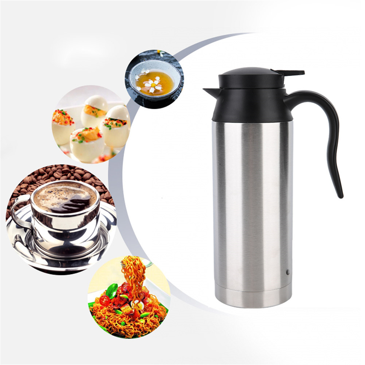 Ein Edelstahl-Wasserkocher mit Essensbildern drumherum: Kaffee, Eier, Nudeln.
