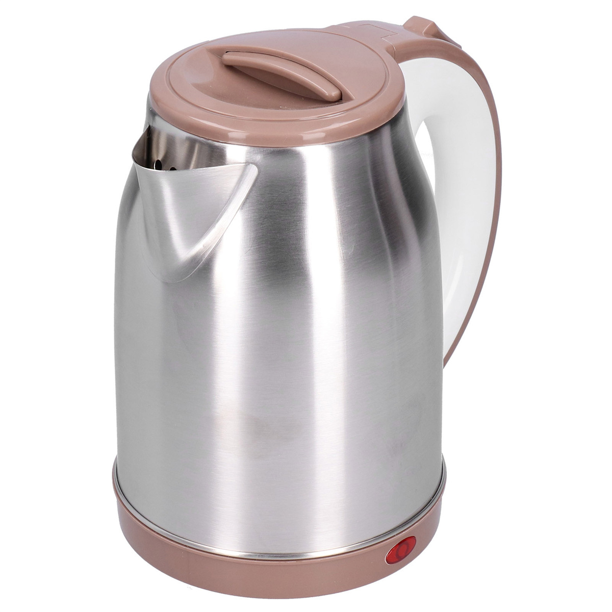 Ein metallisch-silberner Wasserkocher mit braunem Deckel, weißem Griff und rotem Einschaltknopf am Boden.