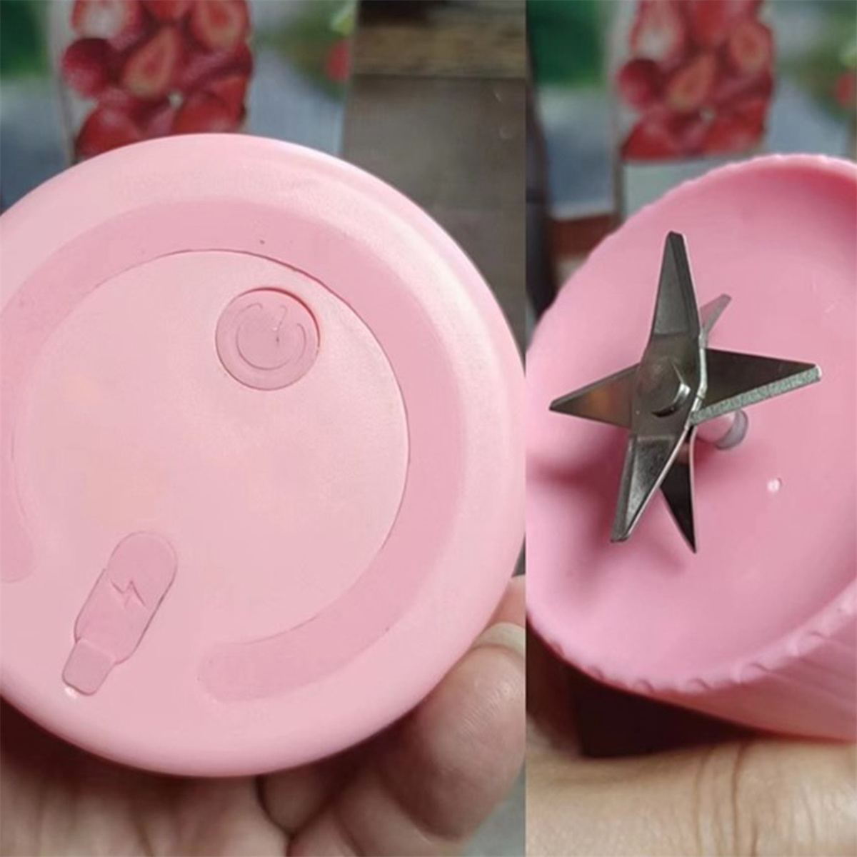 Rosa Mixer mit Ein-Aus-Taste und Ladeanschluss, mit Klingen im Inneren.