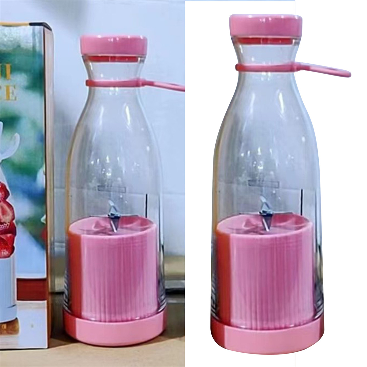Rosa Mixflasche mit Mixer. Rechts die gleiche Flasche.