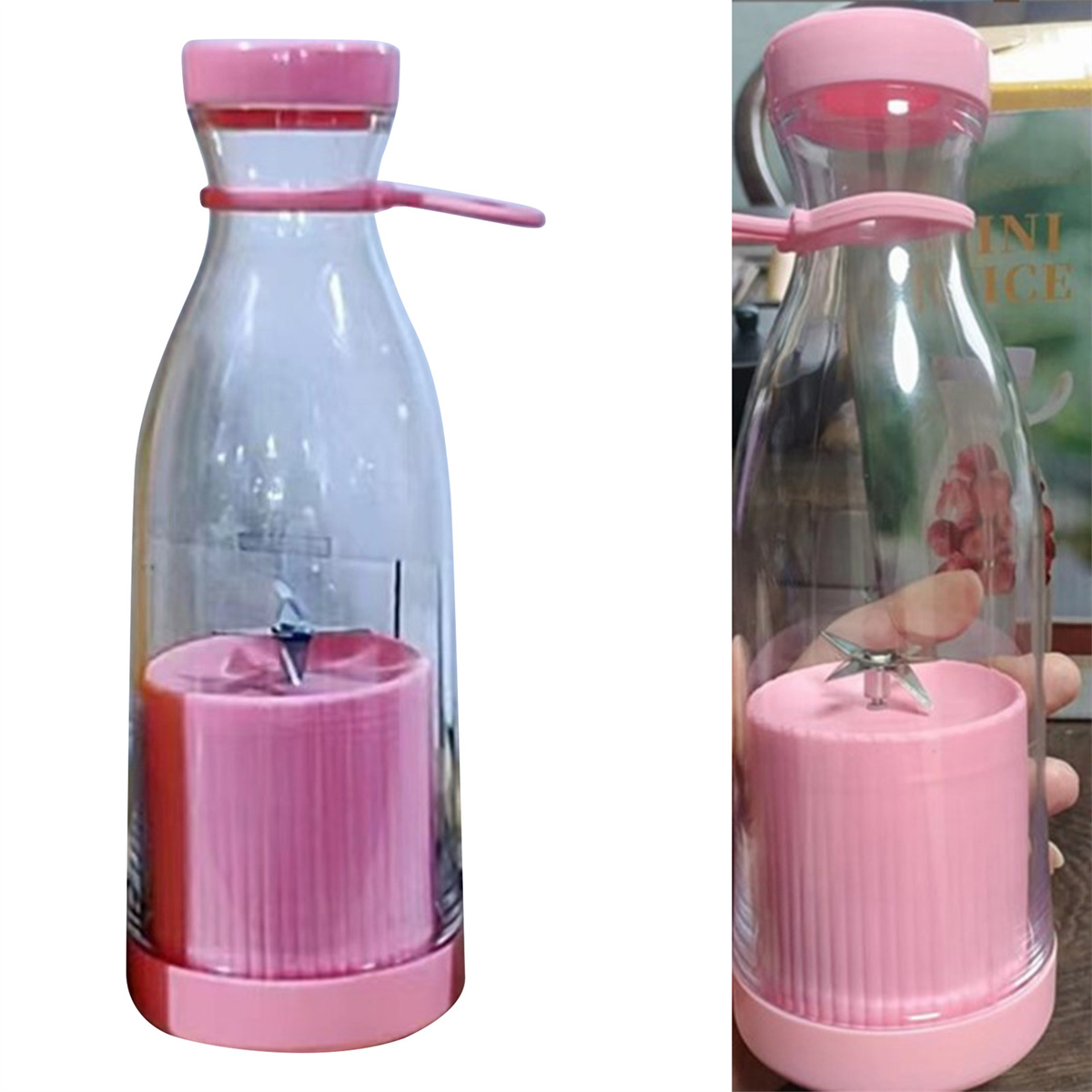 Rosa Mixerflasche mit Mixerklinge, weißer Hintergrund.