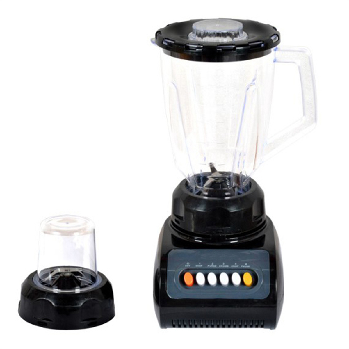 Ein Mixer mit schwarzem Sockel und einem transparenten Krug. Daneben ein kleinerer Mixbecher.
