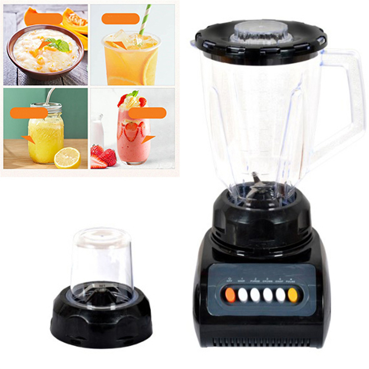 Ein Mixer mit verschiedenen gemischten Getränken und Zutaten. Der Mixer ist schwarz.