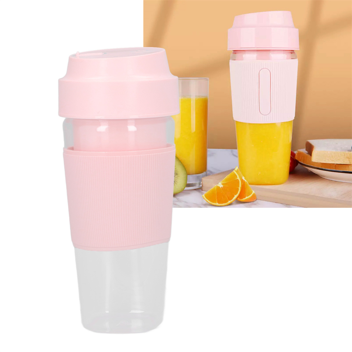 Rosa und klarer tragbarer Mixer mit Saft. Daneben Orangenstücke auf einer Holzoberfläche.