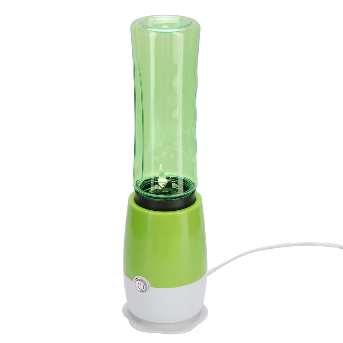 Grüner und weißer tragbarer Mixer. Der Behälter ist grün. Weißer Hintergrund.