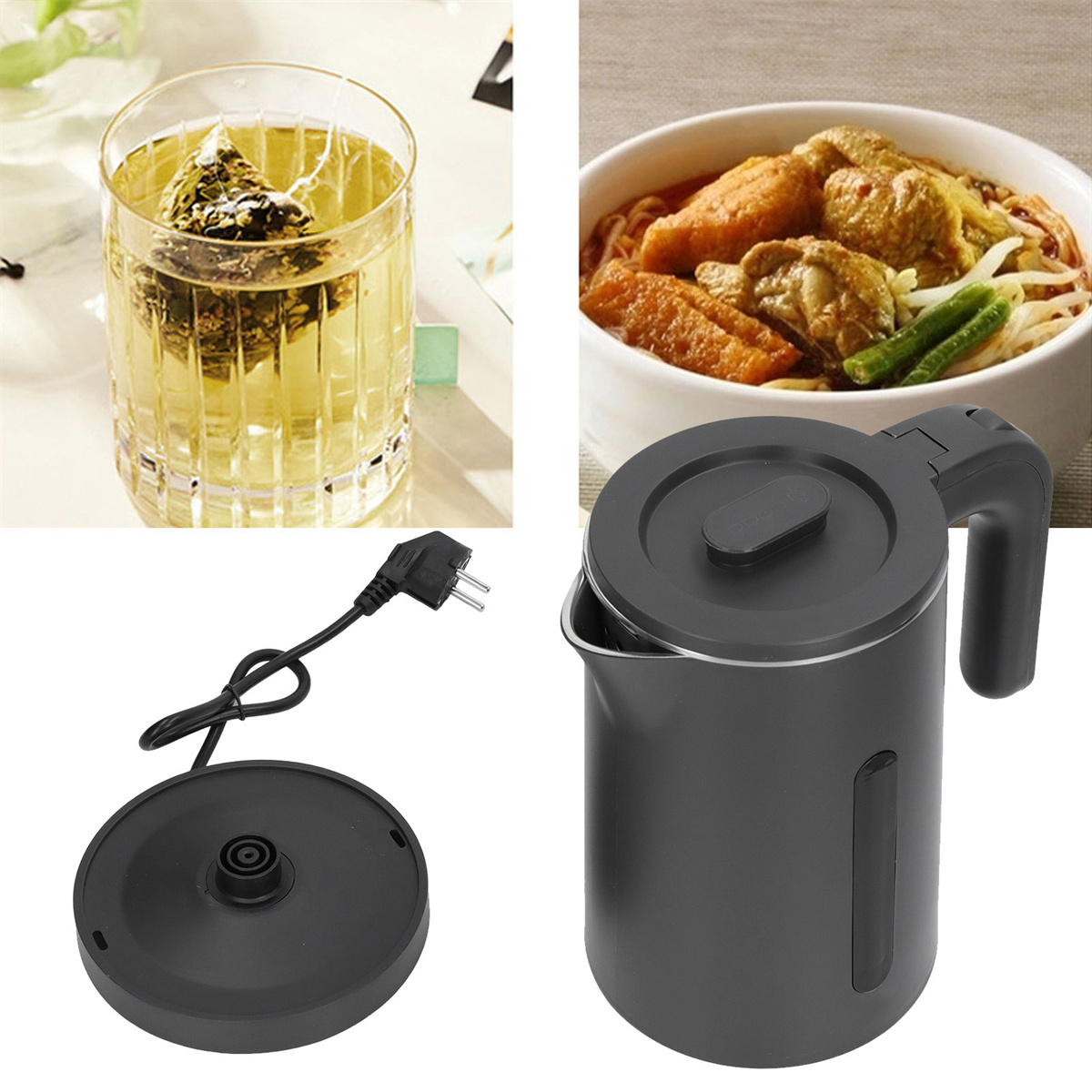Ein Glas Tee, eine Schüssel Nudeln und ein schwarzer Wasserkocher mit Sockel.