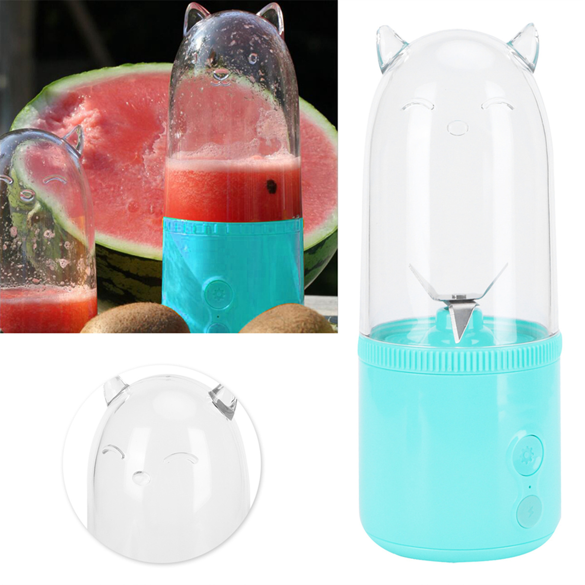 Ein katzenohrförmiger, türkisfarbener Mixer mit einem durchsichtigen Behälter und Wassermelonenscheiben im Hintergrund.