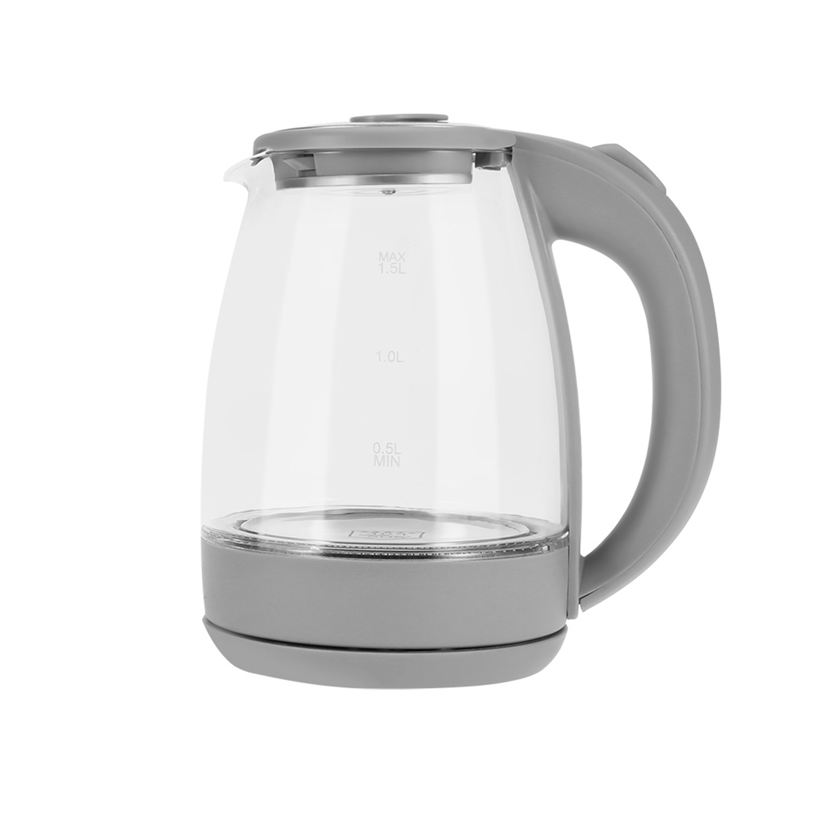 Ein durchsichtiger elektrischer Glas-Wasserkocher mit grauem Griff und Sockel.