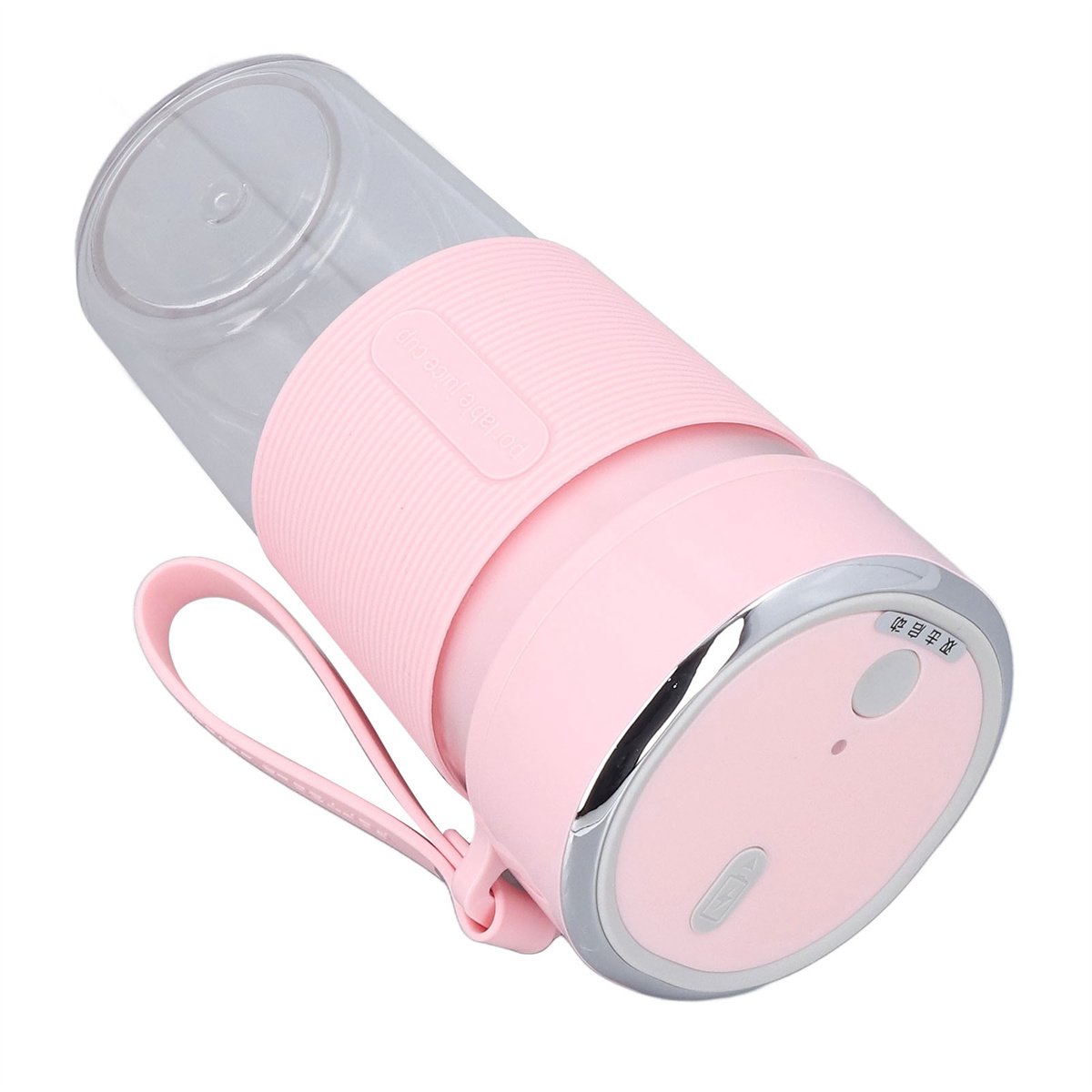 Tragbarer pinker und klarer Mixer mit Griff, pinkem Band und silbernem Sockel.