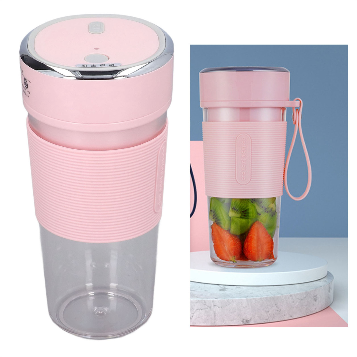 Rosa Mixer mit einem durchsichtigen Becher und einem rosa Band. Der Becher ist mit Früchten gefüllt.