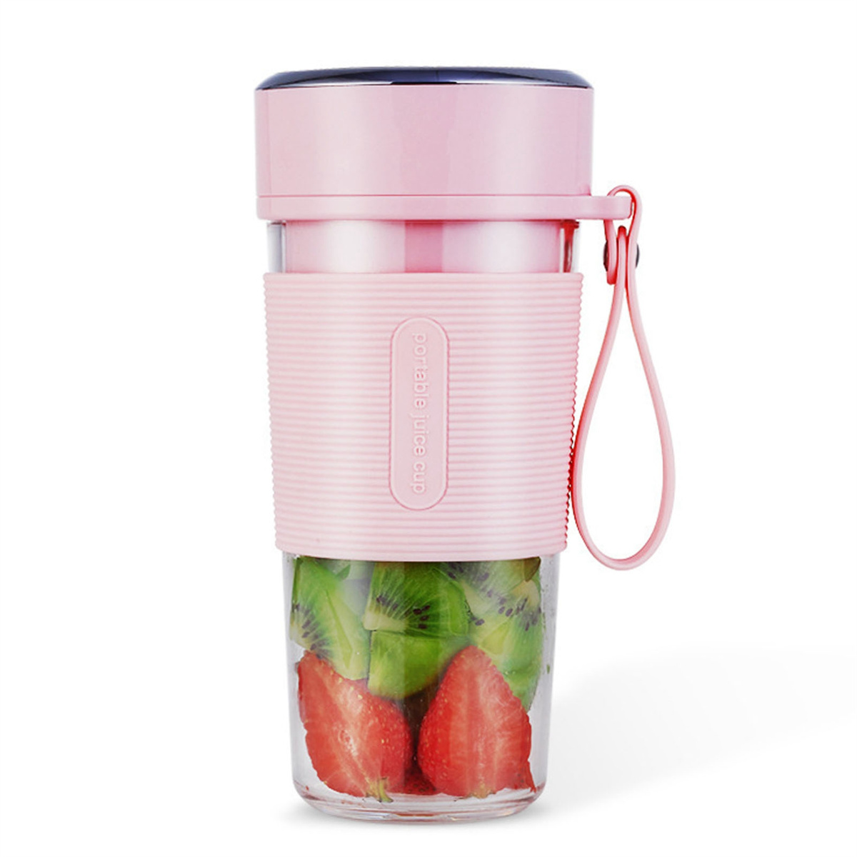 Rosa tragbarer Saftbecher mit Früchten. Der Becher ist aus klarem Glas.