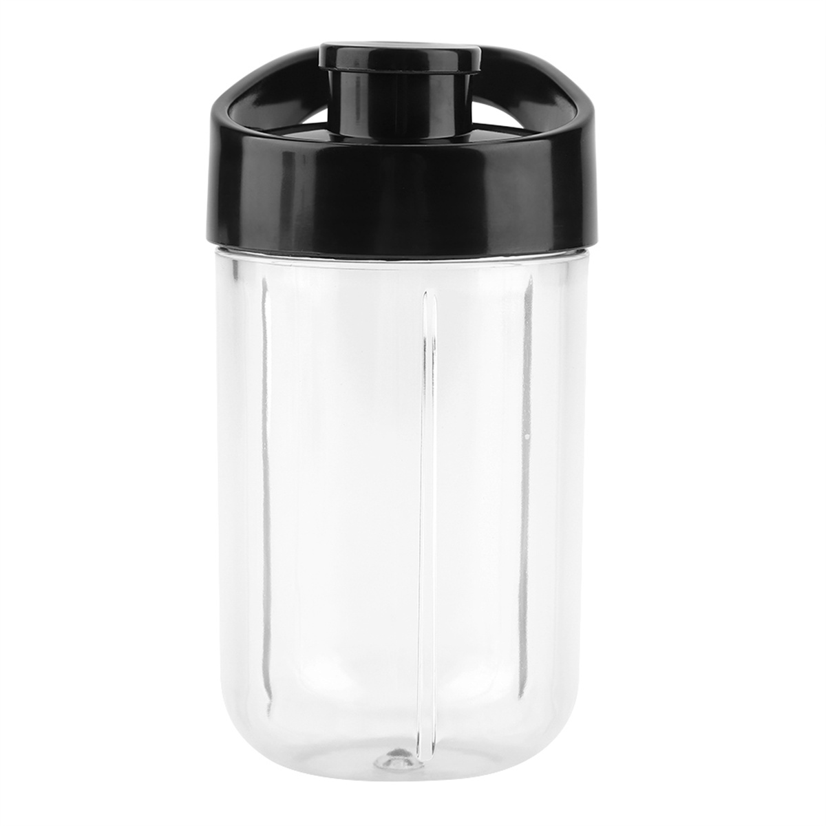 Transparente Wasserflasche mit schwarzem Deckel und Griff.