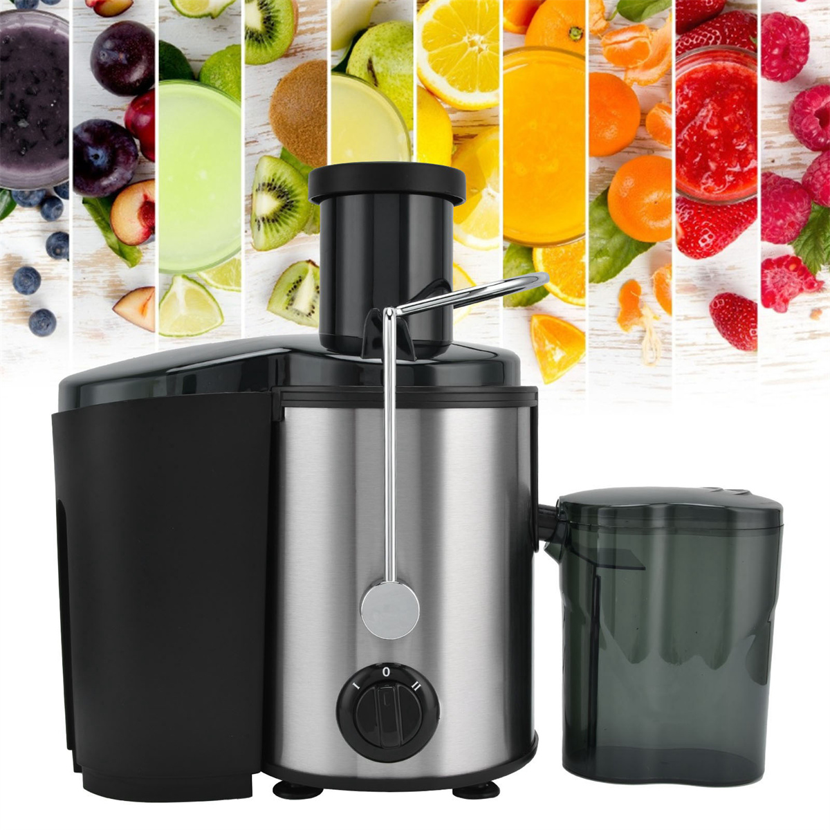 Entsafter mit schwarzem und silbernem Gehäuse, separater Tasse und Obst- und Saft-Collage im Hintergrund.
