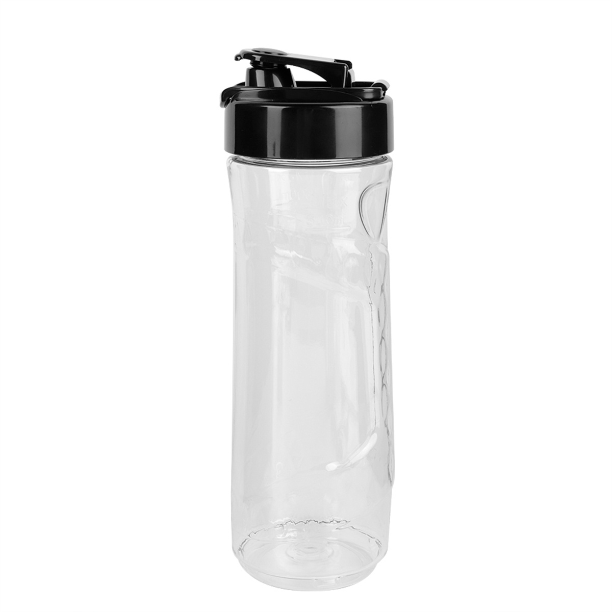 Eine transparente Plastikflasche mit schwarzem Deckel, geeignet für Saft oder Wasser, wird angezeigt.