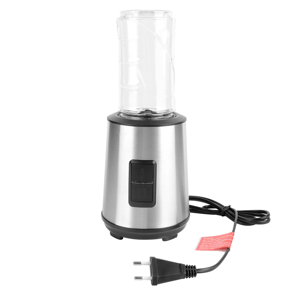 Silberner Mixer mit einem Glasbehälter und einem schwarzen Sockel mit zwei Knöpfen und einem Stecker.