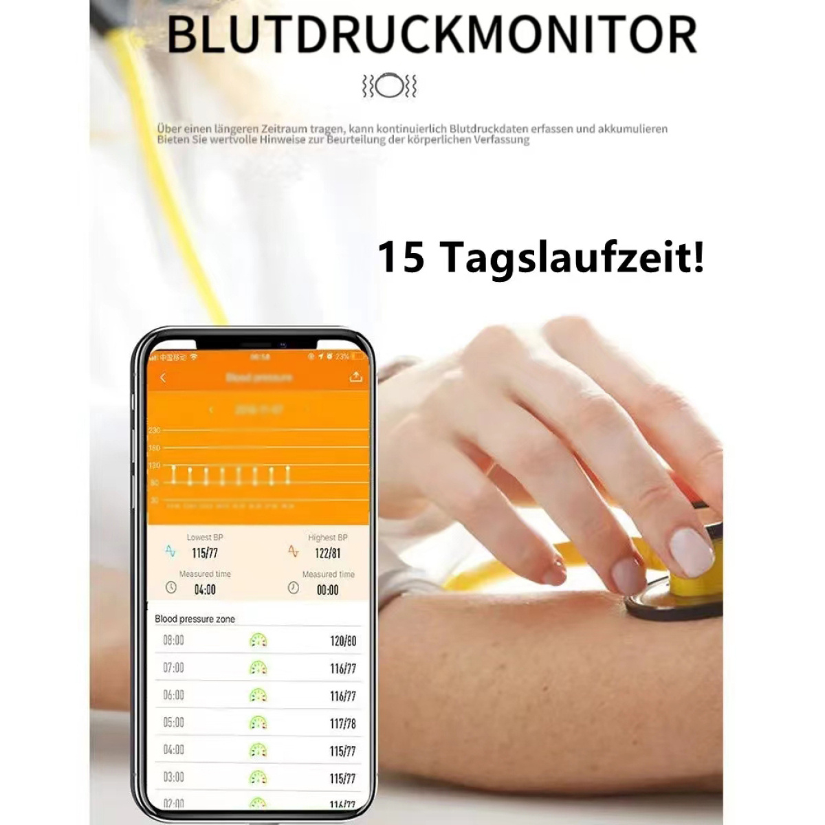 Ein Smartphone zeigt Blutdruckmesswerte mit einer Manschette am Handgelenk.