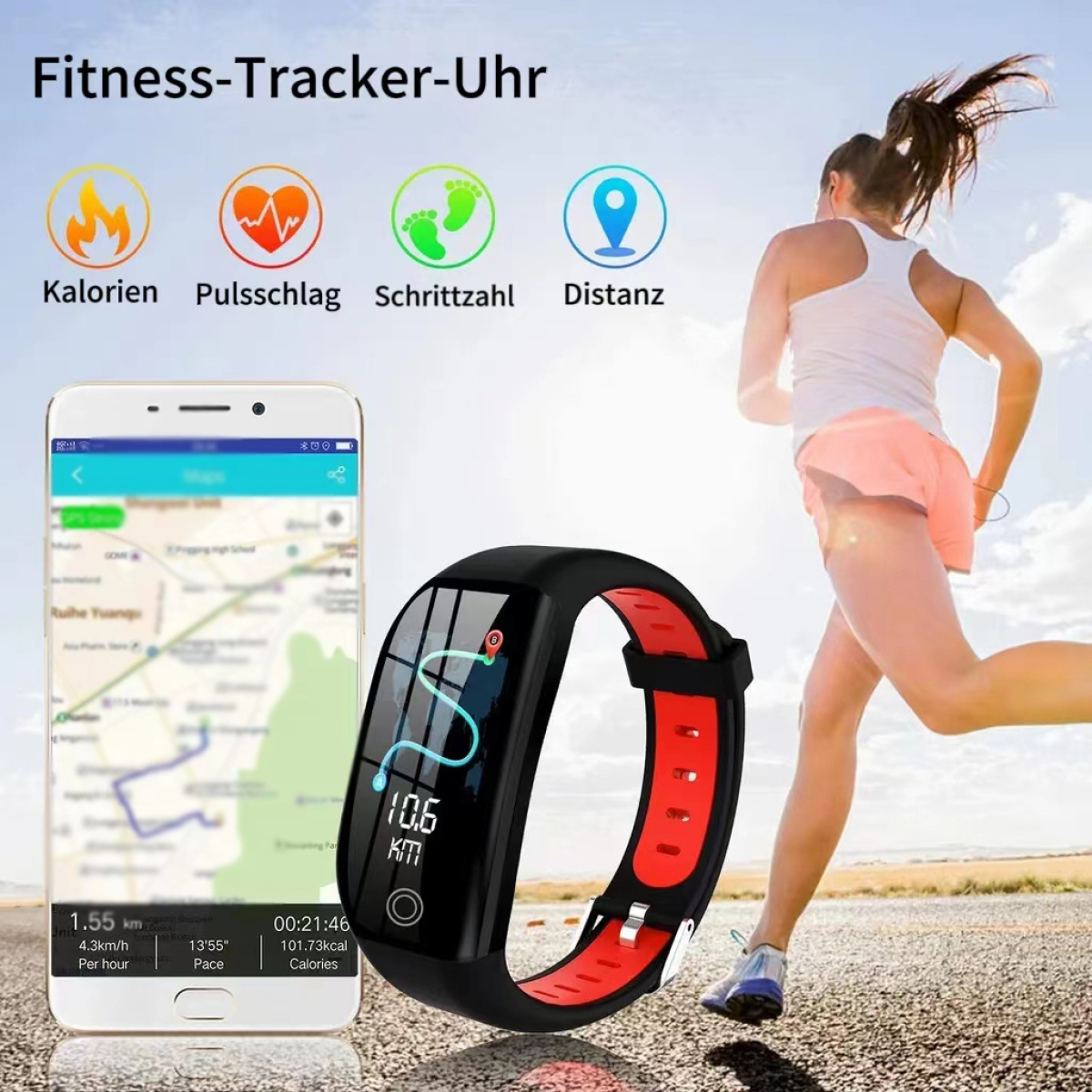 Ein Fitnesstracker mit Smartwatch und einer laufenden Frau, die Gesundheitsdaten anzeigt.