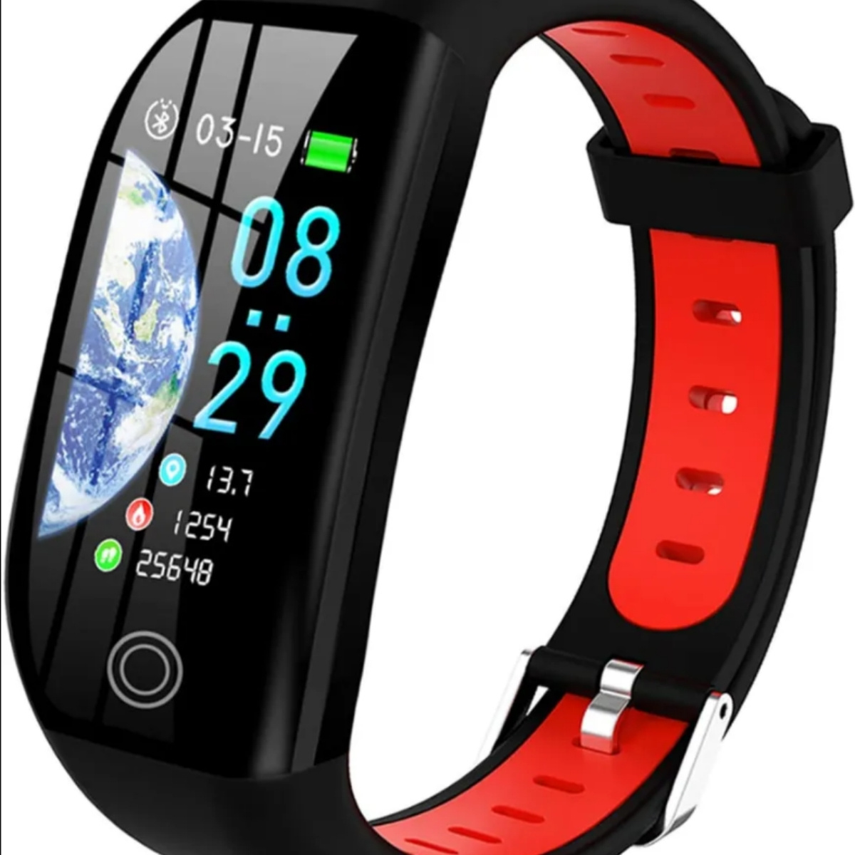 Schwarze und rote Smartwatch mit digitaler Anzeige von Datum, Uhrzeit und Gesundheitsdaten. Rotes Armband.