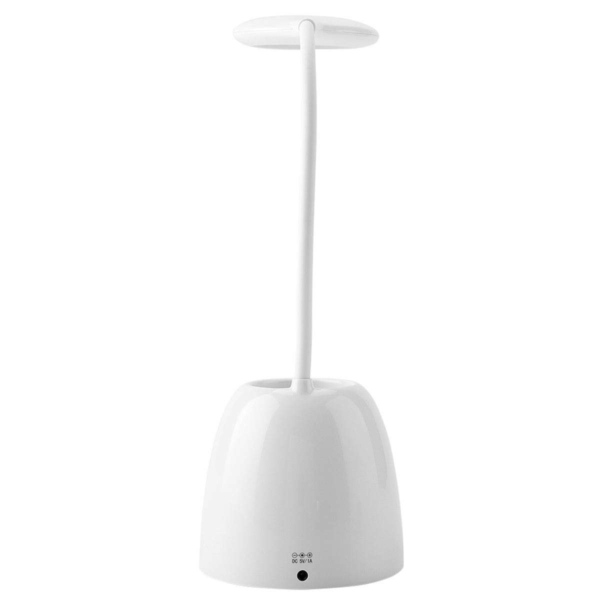 Weiße Schreibtischlampe mit langem Hals und rundem Kopf. Der Fuß ist gebogen.