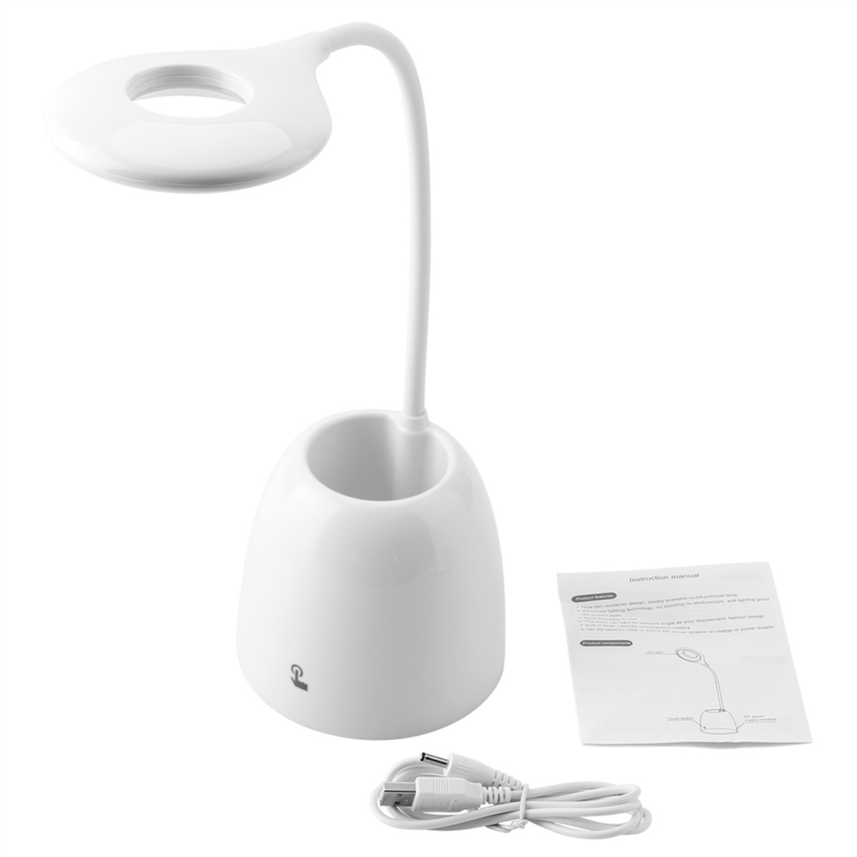 Weiße Schreibtischlampe mit Stifthalter und USB-Kabel.