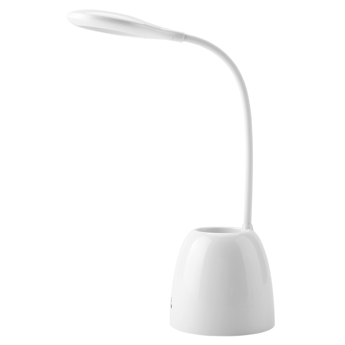 Eine weiße Schreibtischlampe mit gebogenem, verstellbarem Hals und stiftähnlichem Sockel auf weißem Grund.
