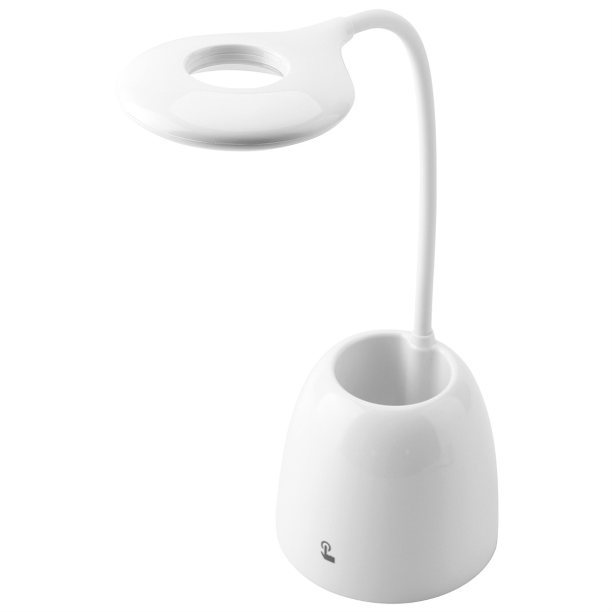 Eine weiße Schreibtischlampe mit Stifthalterfuß, auf weißem Hintergrund.