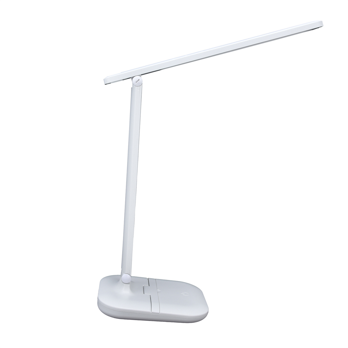 Weiße LED-Schreibtischlampe mit verstellbarem Arm und Fuß, isoliert auf weißem Hintergrund.