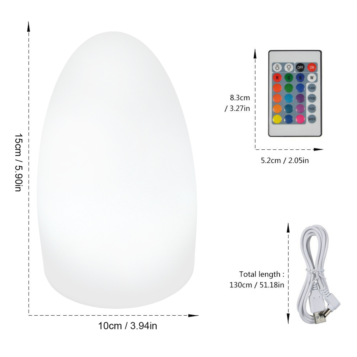 Weiße eiförmige Lampe mit Maßen und Fernbedienung auf weißem Hintergrund.