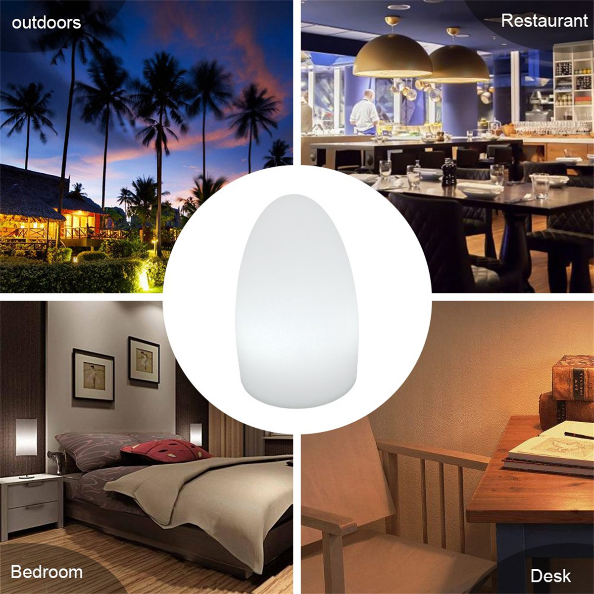 Vier Bilder: draußen, Restaurant, Schlafzimmer, Schreibtisch. Unterschiedliche Beleuchtung.