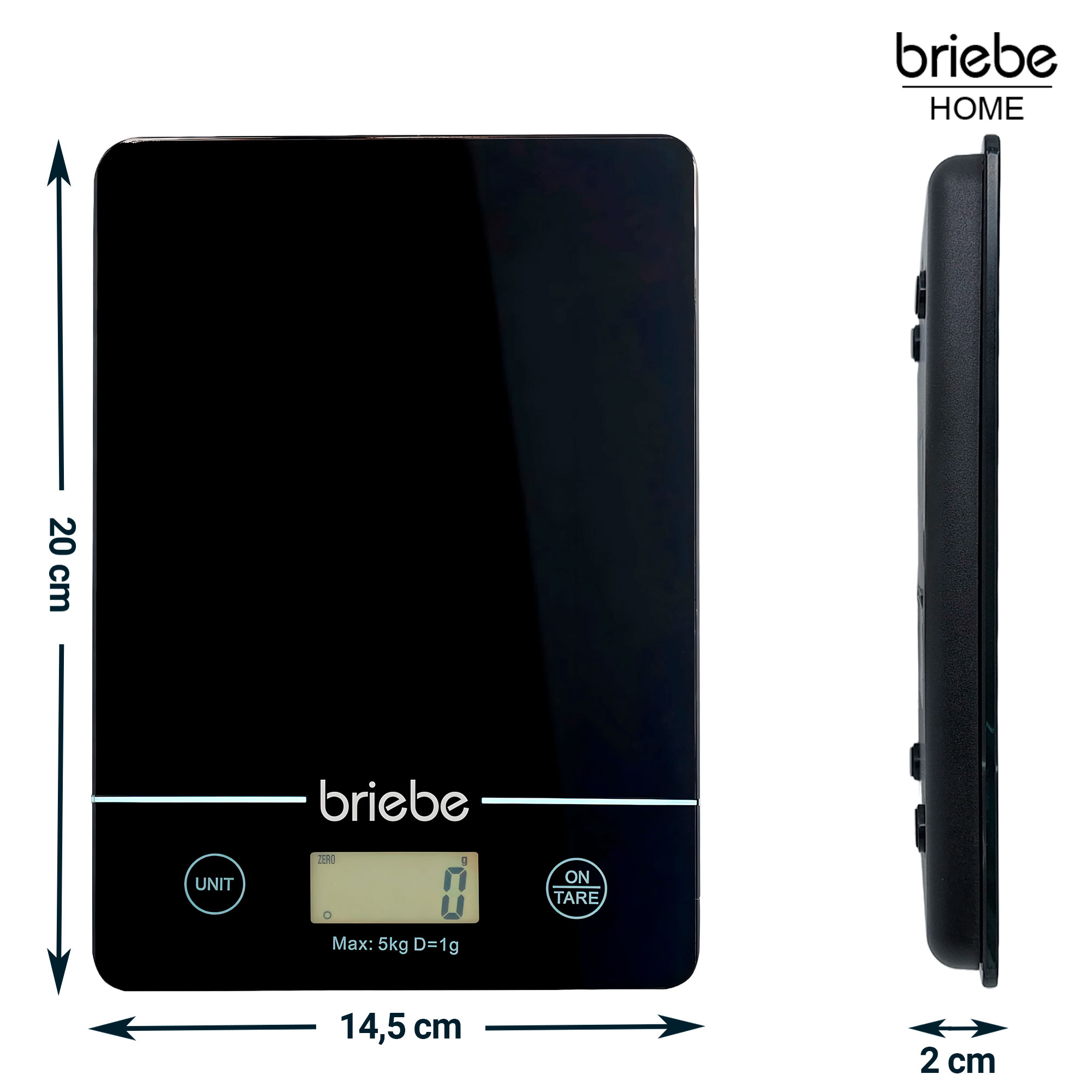 Schwarze digitale Küchenwaage mit Maßen und Abmessungen, auf Weiß.
