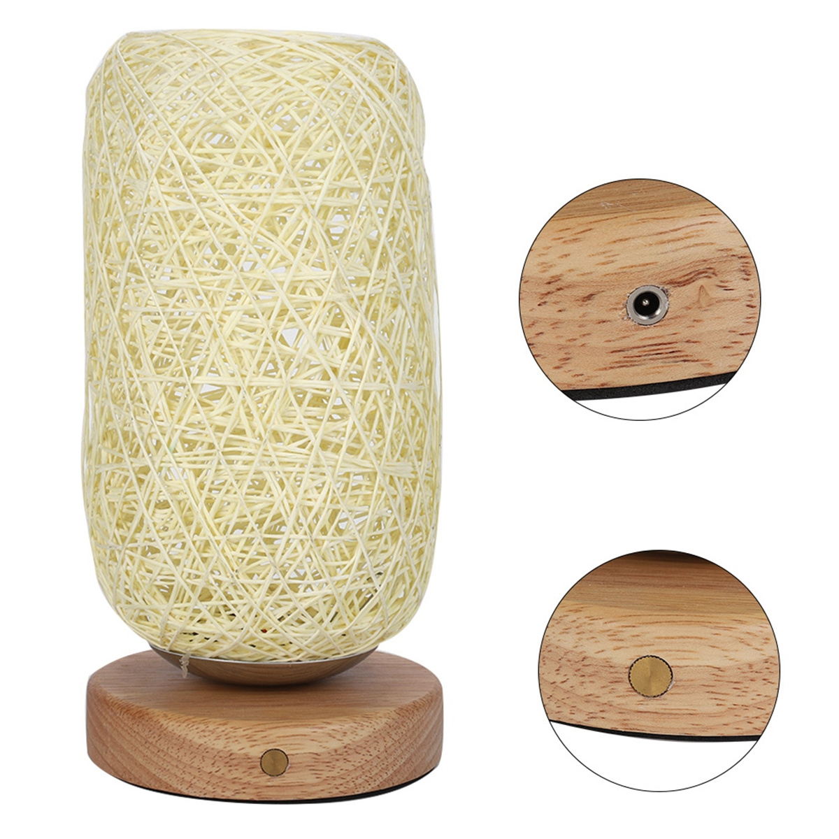 Eine gewebte Lampe auf einem Holzsockel. Detailaufnahmen von Sockel und Lampe.
