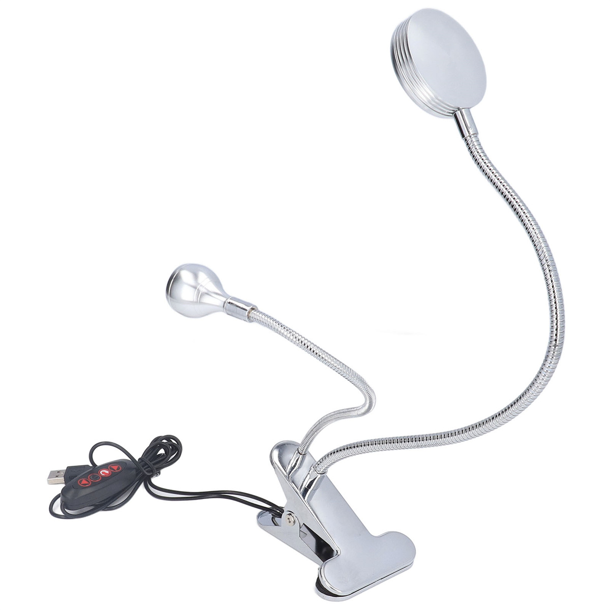 Eine silberne Schreibtischlampe mit flexiblen Armen und Klammer, zwei Leuchtköpfen und Bedienfeld.