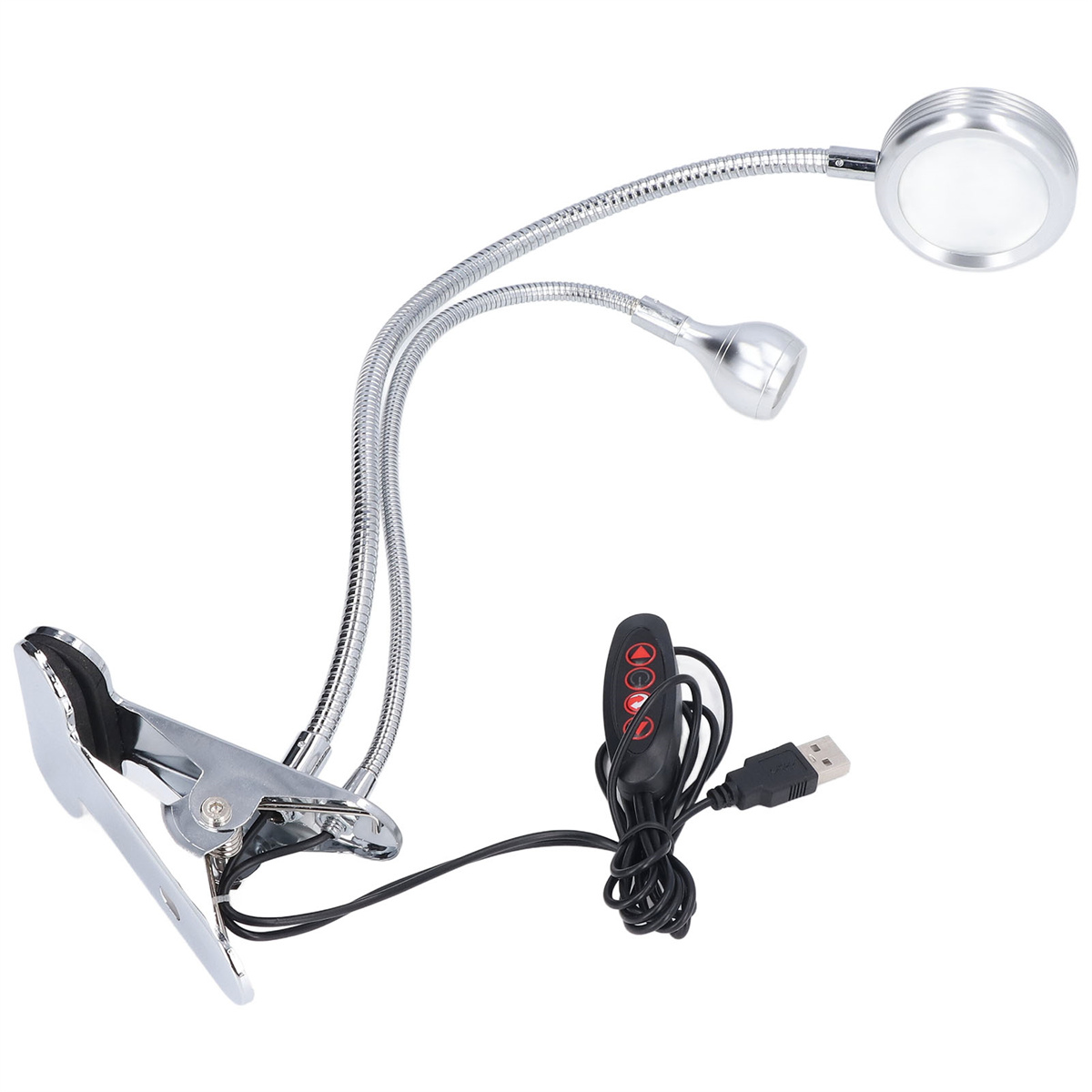 Silberne Schreibtischlampe mit Lupe und flexiblen Armen.