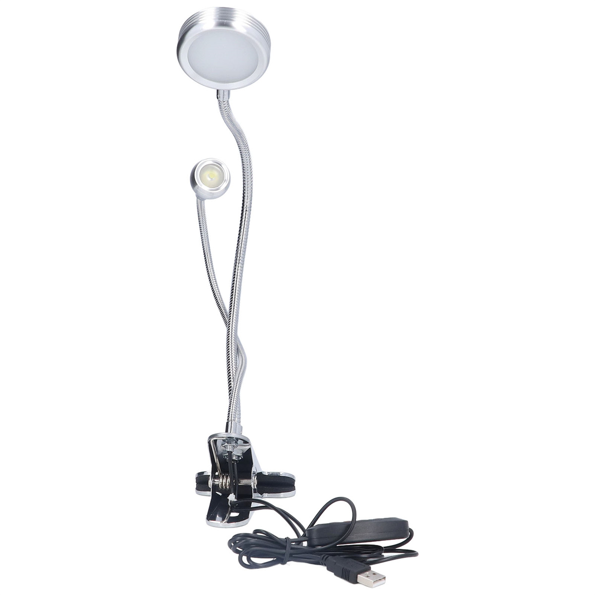 Silberne Schreibtischlampe mit zwei verstellbaren Lichtern, befestigt an einem Clip, mit schwarzem Netzkabel.
