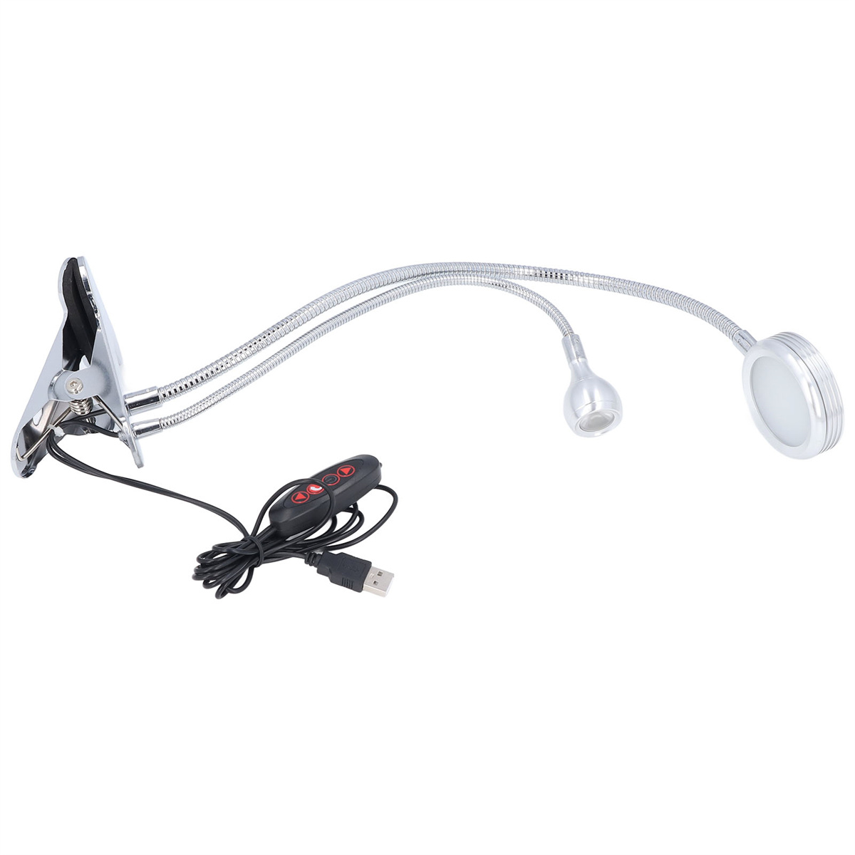 Silberne Klemmleuchte mit zwei flexiblen Armen und USB-Stromkabel.