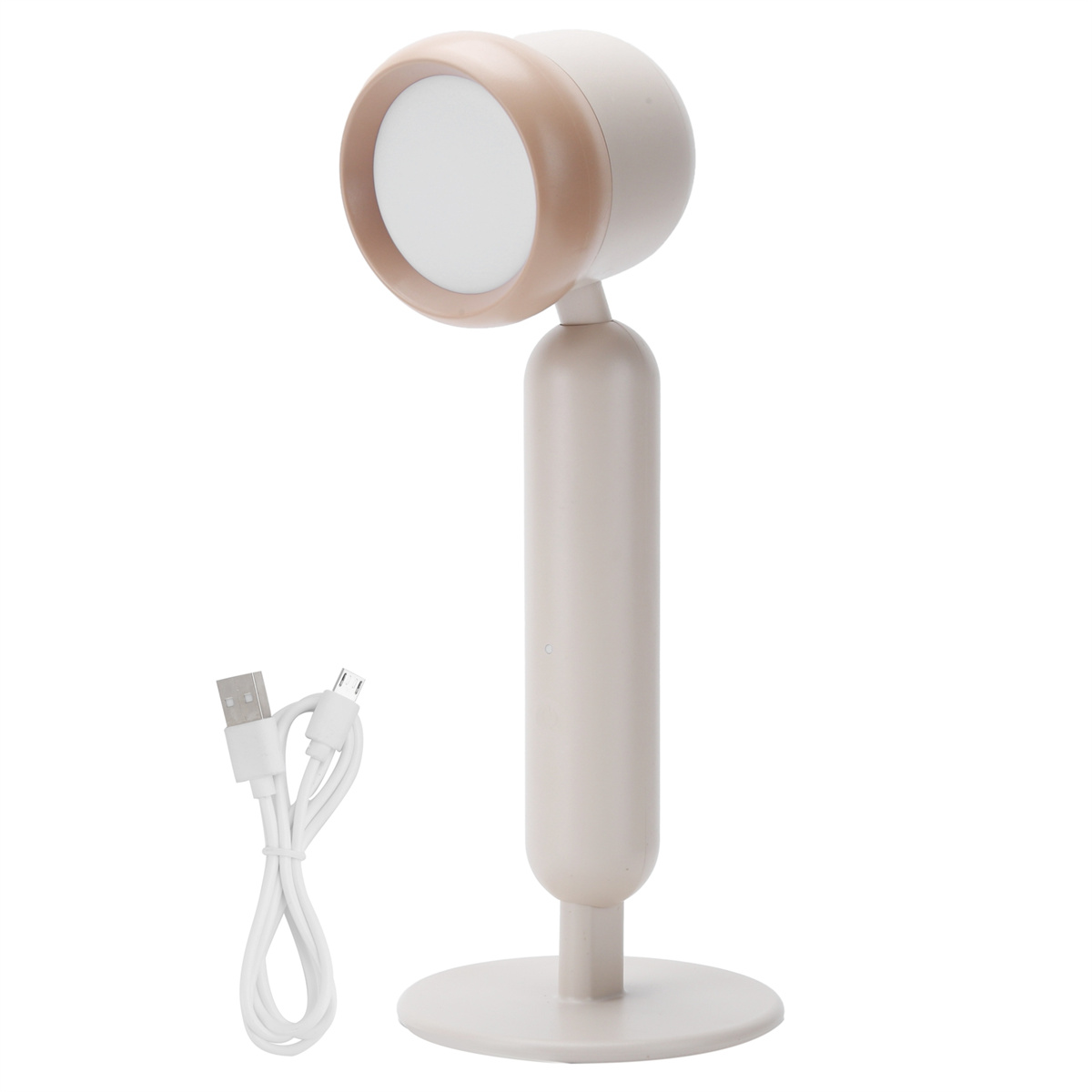 Eine beige Schreibtischlampe mit kreisförmigem Licht, befestigt an einem Ständer mit USB-Kabel.