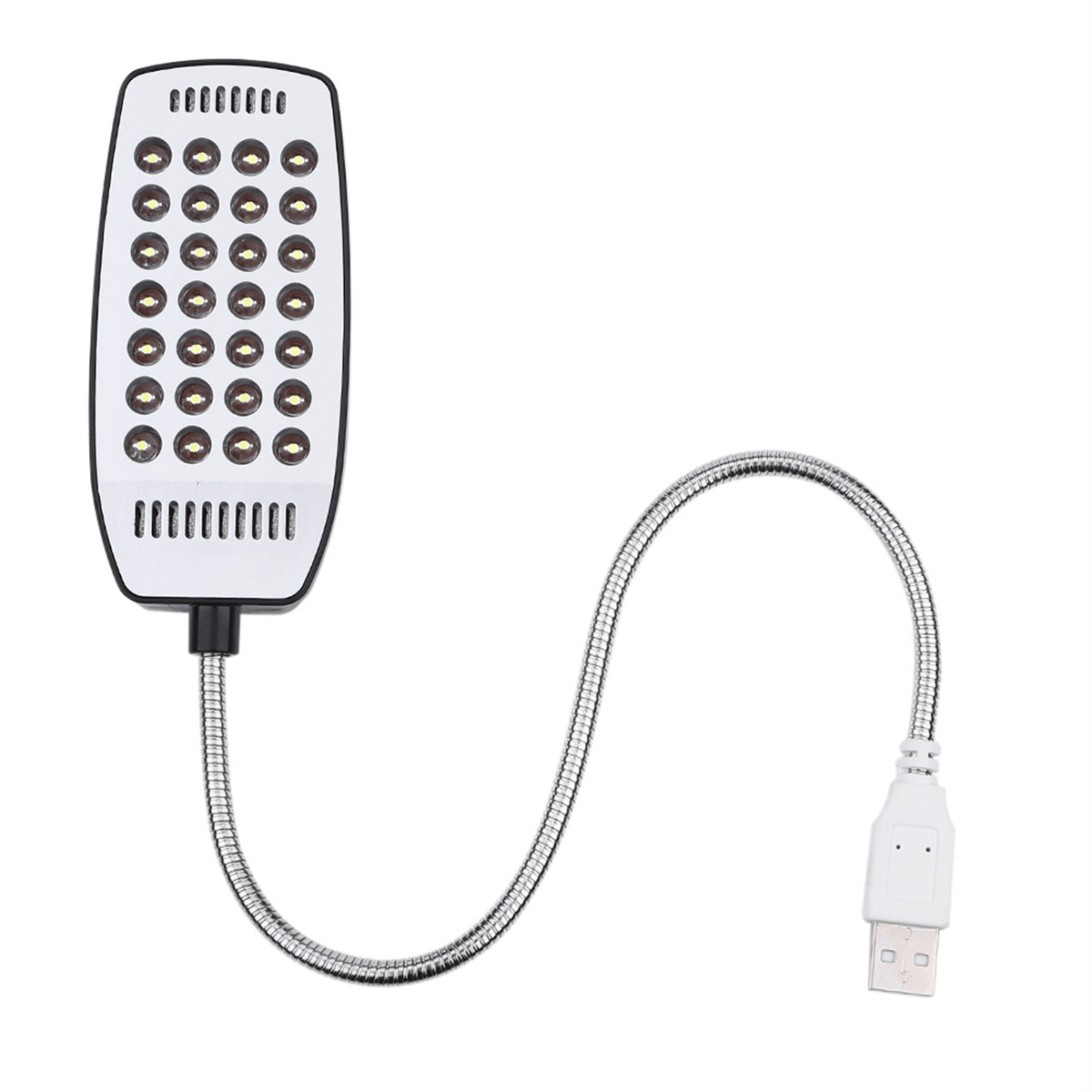 Weiße LED-Lampe mit mehreren Lichtern und einem flexiblen Metallhals, der mit einem USB-Stecker verbunden ist.