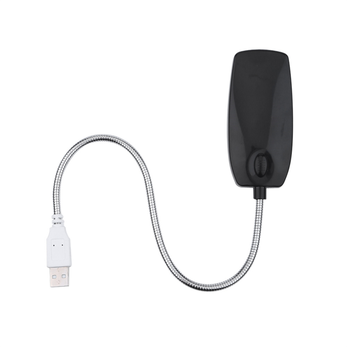 Eine schwarze USB-Lampe mit einem biegsamen silbernen Hals. Die Lampe befindet sich vor einem weißen Hintergrund.
