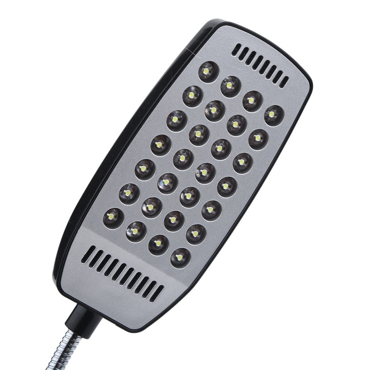 LED-Schreibtischlampe mit 30 Lichtern. Es hat ein silbernes und schwarzes Design und einen flexiblen Hals.