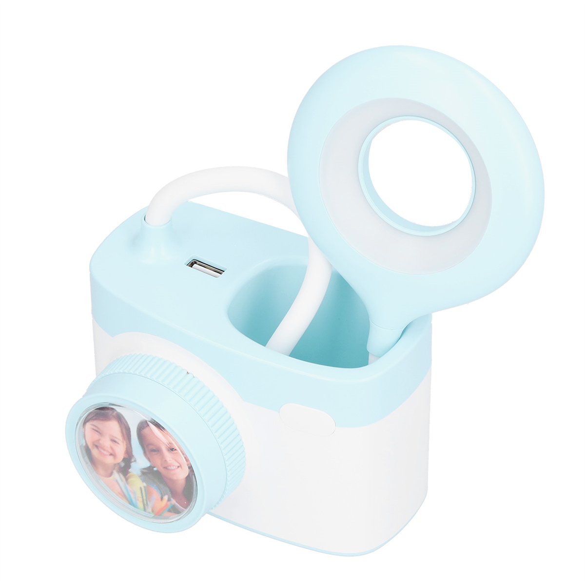 Eine blau-weiße Schreibtischlampe in Kameraform, mit flexiblem Licht und Bildern.