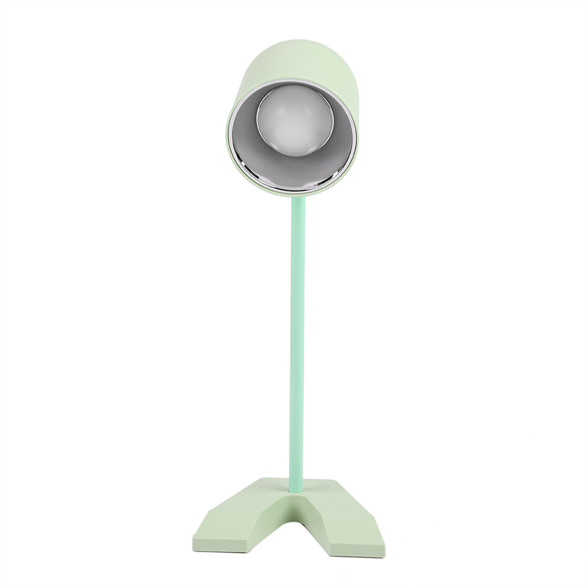 Grüne Schreibtischlampe mit Glühbirne. Die Lampe steht auf einem grünen Sockel.