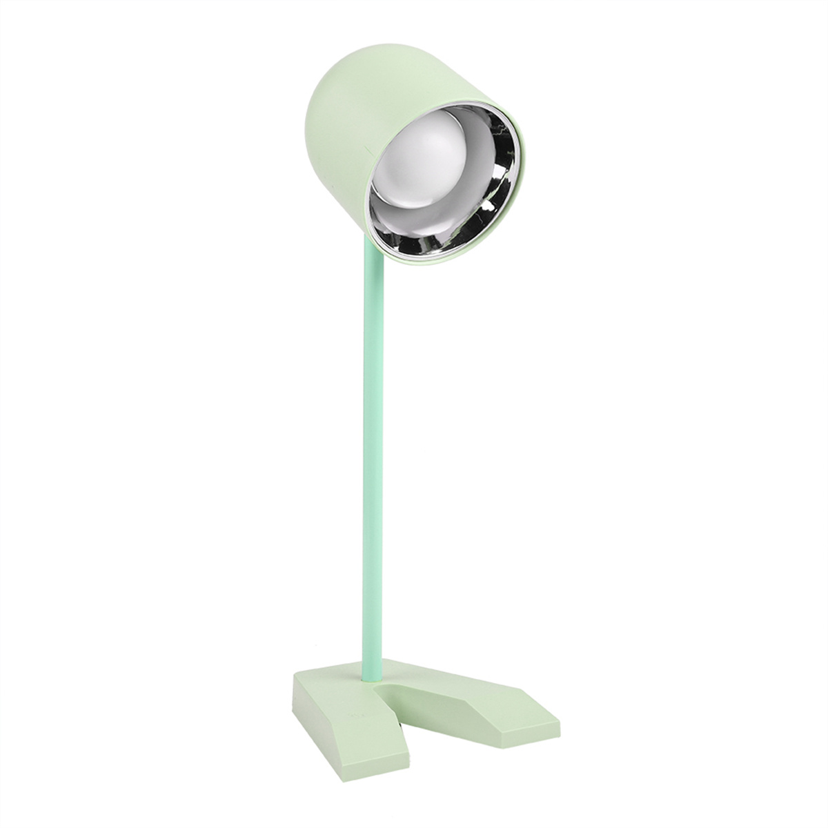 Eine mintgrüne Schreibtischlampe. Sie hat einen Ständer und einen Leuchtenkopf. Der Leuchtenkopf ist weiß.