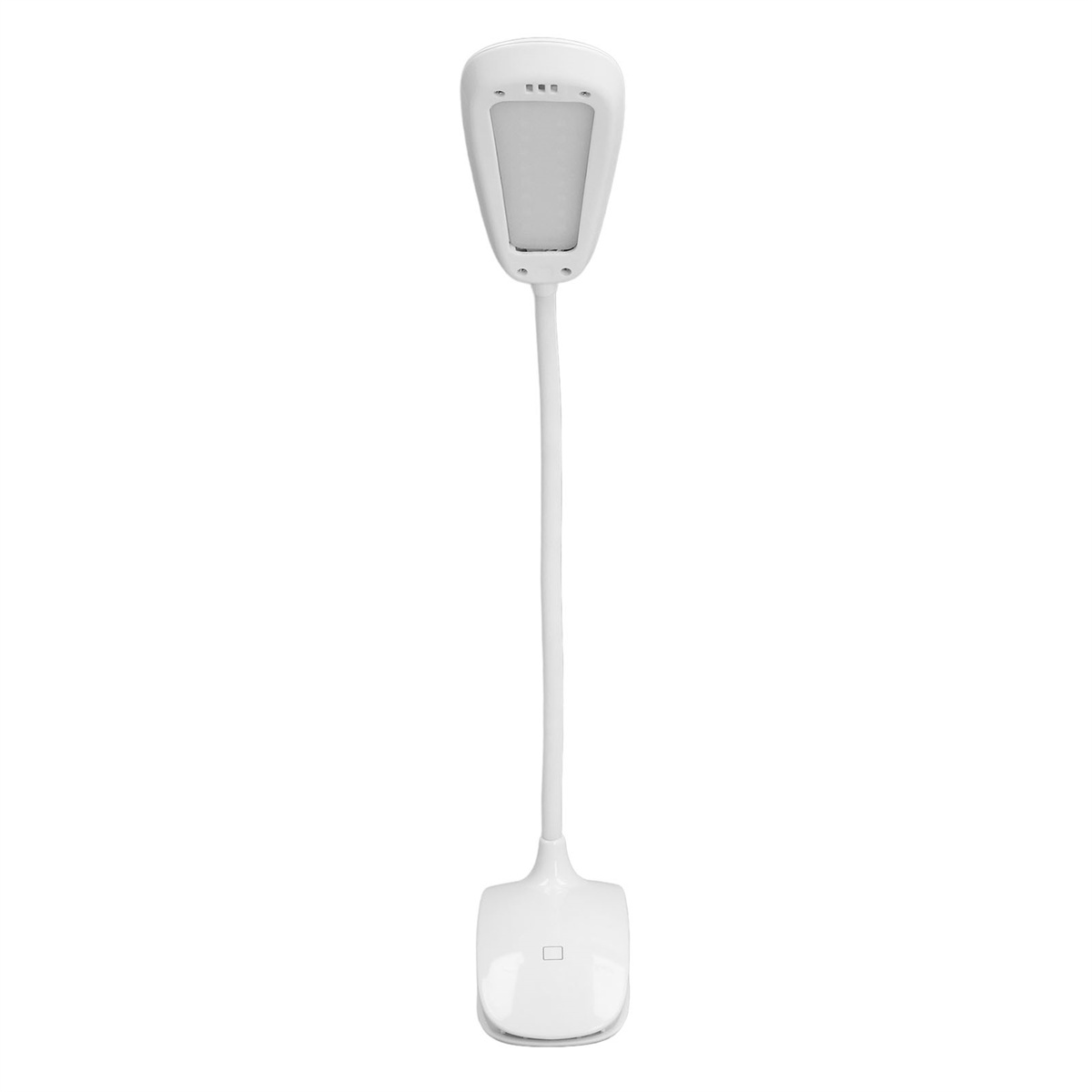 Weiße Schreibtischlampe mit flexiblem Hals und Clip-Basis. Weißer Hintergrund.