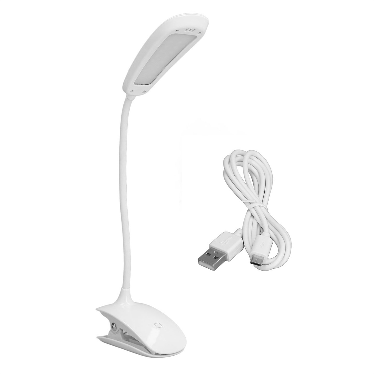 Eine weiße Clip-on-Schreibtischlampe mit flexiblem Hals und einem USB-Ladekabel.