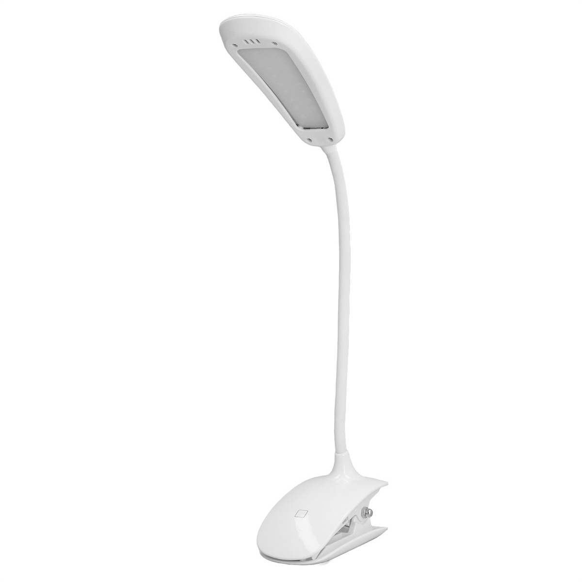 Weiße Schreibtischlampe mit flexiblem Hals und Clip-on-Sockel. Die Lampe hat ein rechteckiges Licht.