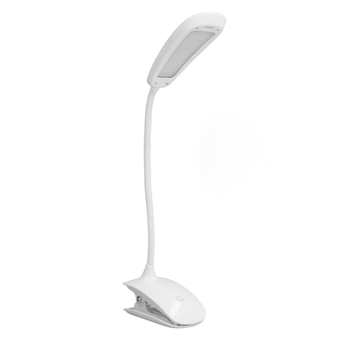 Weiße Schreibtischlampe mit Clip-on-Fuß und flexiblem Hals.