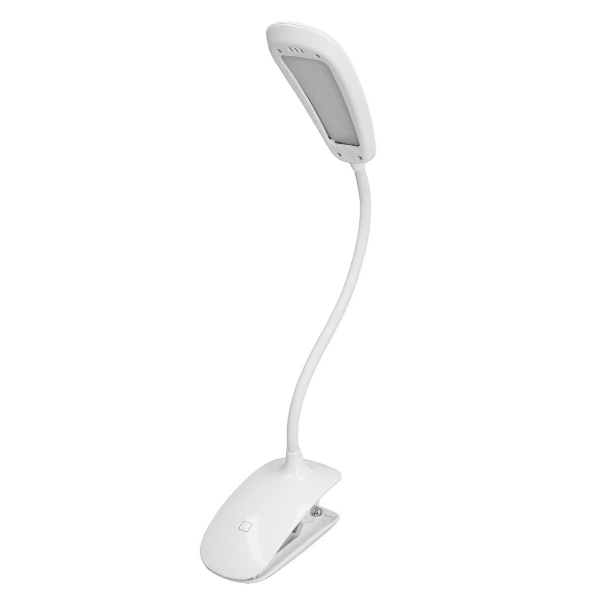 Eine weiße Schreibtischlampe mit flexiblem Hals und Clipfuß. Die Lampe hat ein rechteckiges Licht.