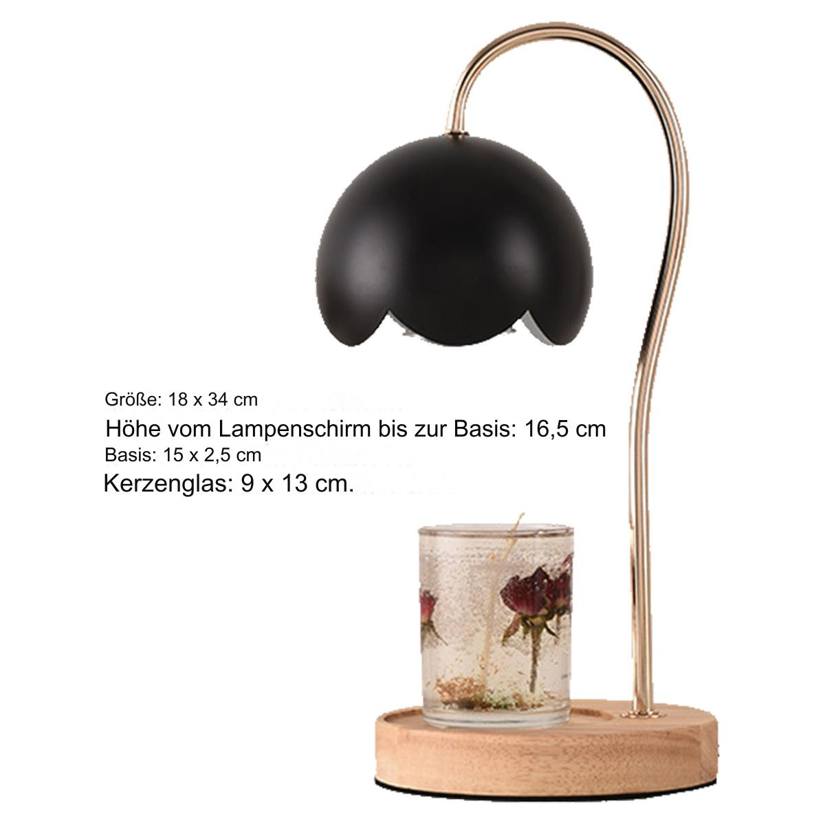 Schwarzer und goldener Kerzenhalter mit Kerze, auf einem Holzständer.