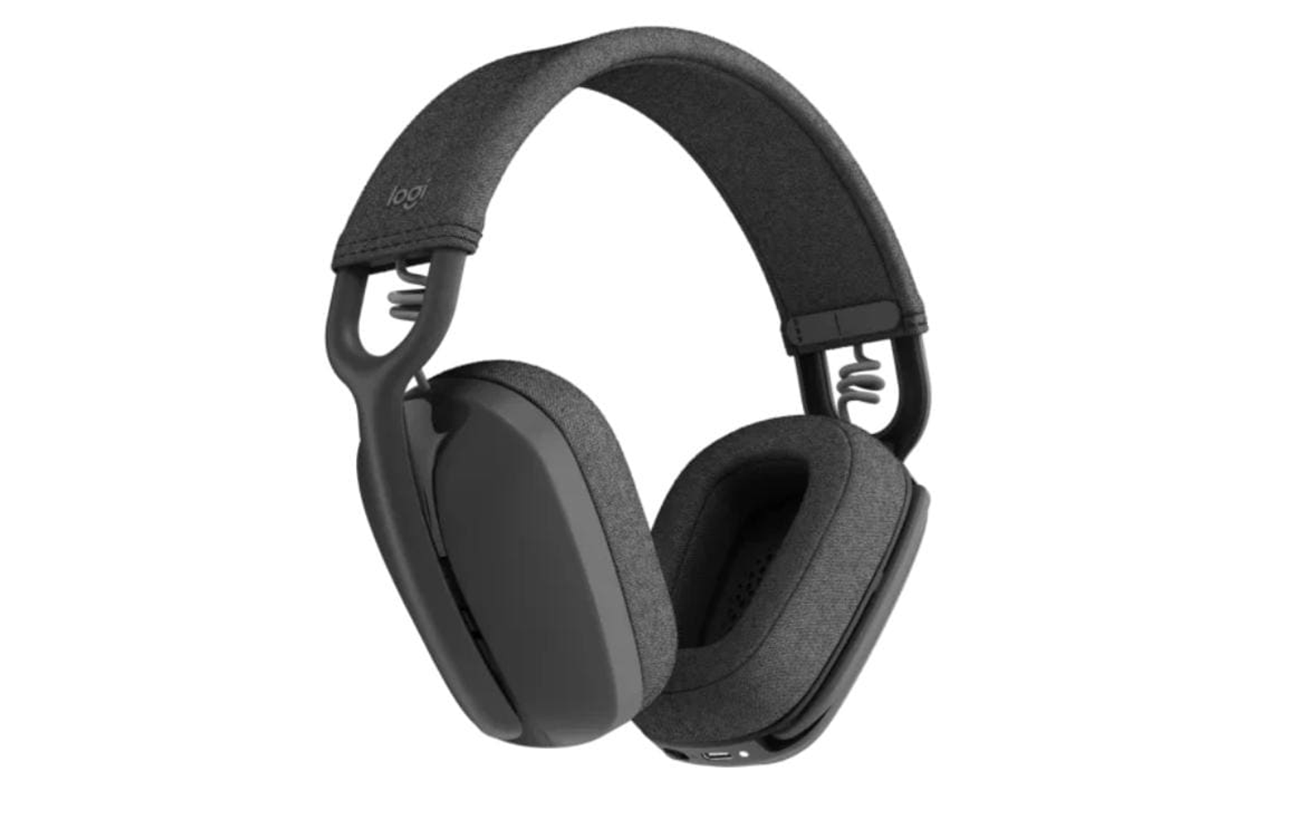 Czarne słuchawki Logitech z materiałowymi nausznikami, na białej powierzchni.